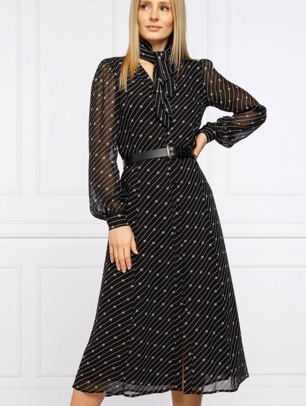 Michael Kors Kate black and white striped midi dress button up long sleeve scarf